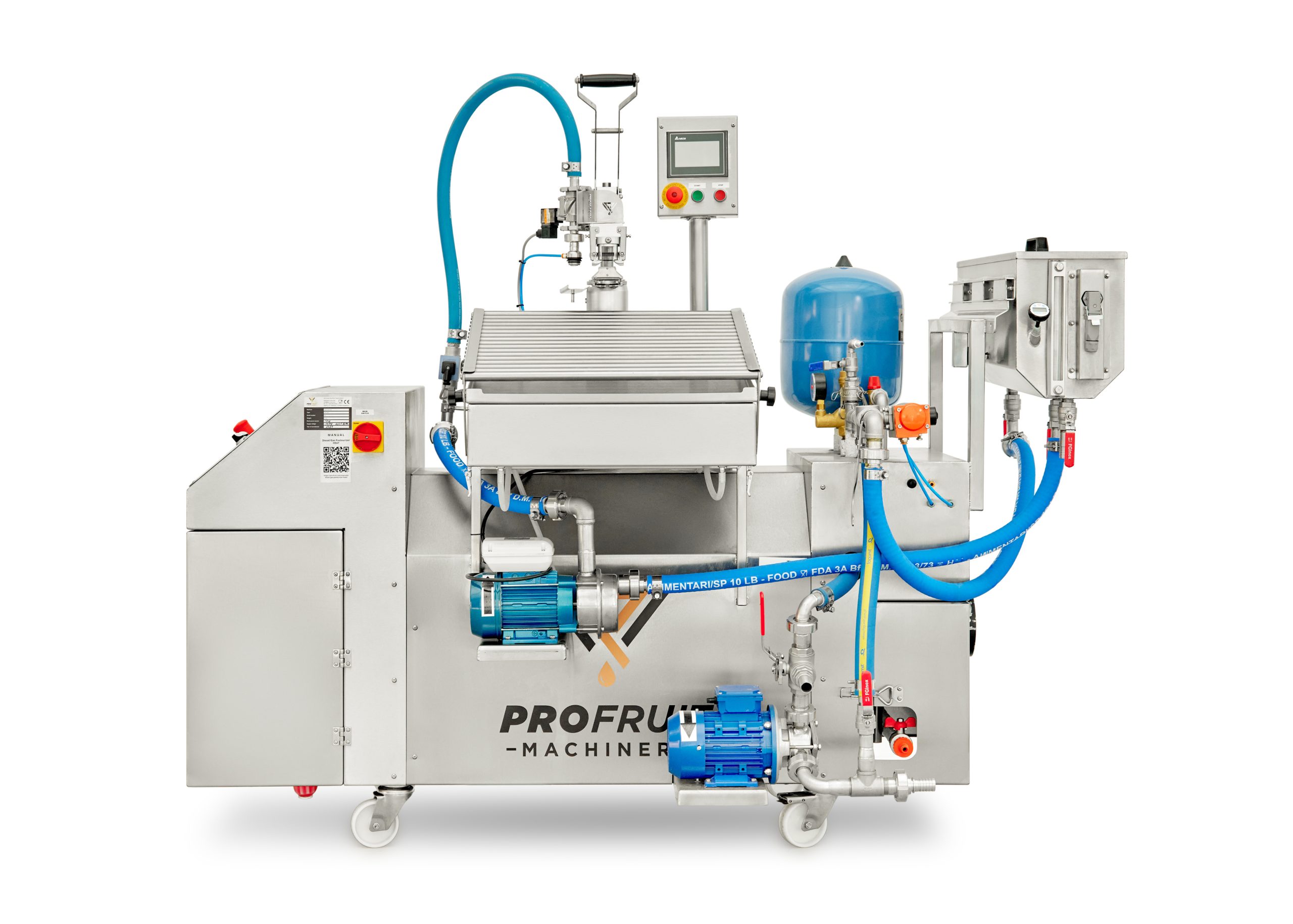 Diesel/Gas Pasteurizer HEAT 1000 combined with MINIFLOW filler and buffer tank front view | ProFruit Machinery